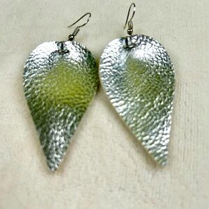 Leaf Silver Design 3” Dangle Earrings Leather Fish Hooks